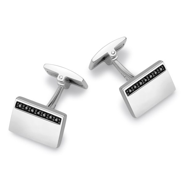 HOXTON LONDON - Rhodium plated Sterling Silver Cufflinks with Black Sapphire Stones