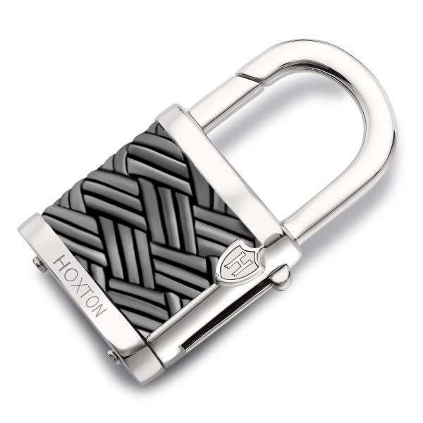 HOXTON LONDON Men's Sterling Silver 'BAMBOO' Woven Leather Padlock Oxidised Keyring