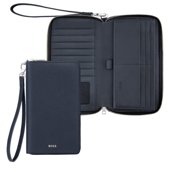 BOSS Leather Travel Wallet Classic Grained Navy