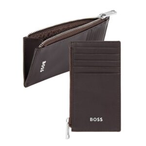 BOSS Leather Card Holder zip Classic Smooth Brown   NEW