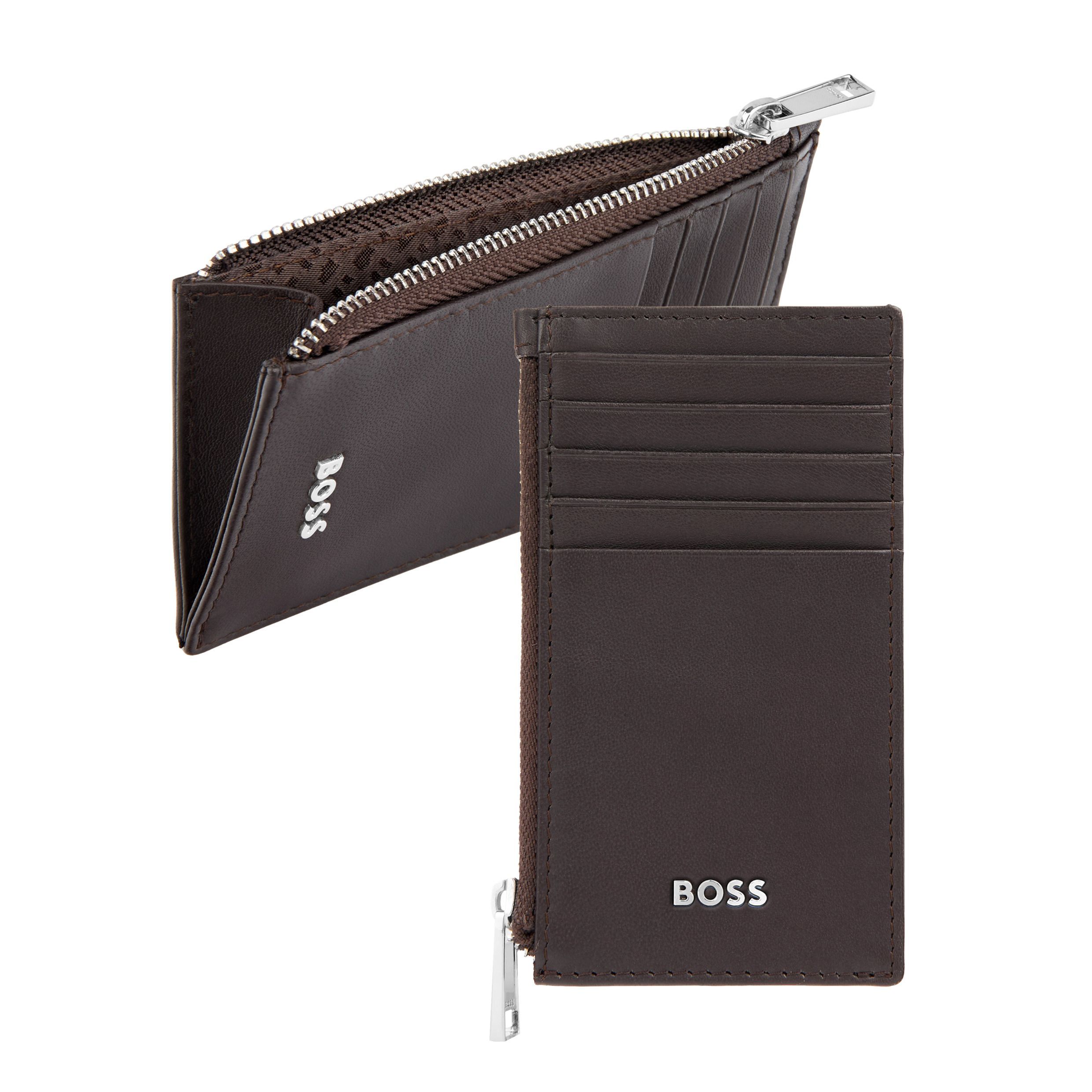 BOSS Leather Card Holder zip Classic Smooth Brown NEW